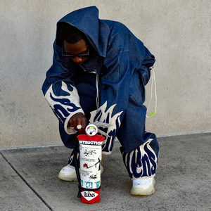 YSJY Set <span class=keywords><strong>di</strong></span> <span class=keywords><strong>Giacca</strong></span> e Pantaloni in Denim Lavato e Ricamato, Abbigliamento <span class=keywords><strong>Oversize</strong></span> Streetwear Personalizzato per Uomo - Product Image 4