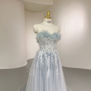 Vestido de Fiesta Elegante Nt135 en Tul Azul Claro con Apliques de Encaje, Tirantes Finos, Corte en A, Largo hasta el Suelo, para Eventos, Jancember - Product Image 2