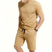 Setelan Olahraga Pria Kasual Ribbed Dua Potong, Cepat Kering, Bernapas, Kaos & Celana Pendek dengan Kantong Tali Serut untuk Gym & Lari