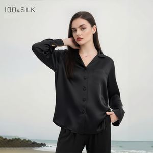 Vente en gros de pyjamas et pantalons en soie de mûrier véritable pour femmes, vêtements de nuit d'été de couleur unie - Product Image 2