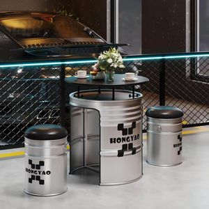 Sáng Tạo Công Nghiệp Phong Cách Kim Loại Thanh Thiết Lập Mới Ngoài Trời Giải Trí Dầu Trống Bảng Và Ghế Lưu Trữ Cho Phục Vụ Trà Sữa Cà Phê Cửa Hàng - Product Image 2