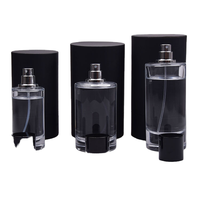 Flacon de parfum en verre cylindrique carré de luxe Devli DL-0219 50 ml, noir mat et blanc, pour femme, vide, avec bouchon en bois et impression sérigraphique