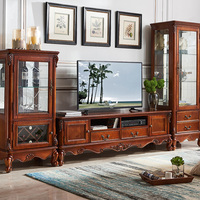Meuble TV de rangement classique de luxe avec tiroirs, unité sur pied pour salon, ensemble de console TV en bois massif de style américain