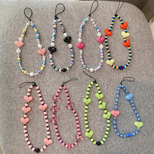 Factory Wholesale INS Style Colorful Wrist Strap Cute Mobile Phone Charm with Heart Crystal Beaded Chain Other Lanyards