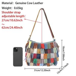 Sacs à bandoulière en cuir véritable rétro AndoBag, sac à main à franges avec empiècements de couleurs, sac fourre-tout grande capacité pour femmes 3091 - Product Image 2