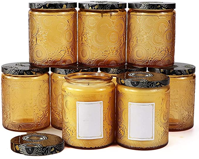 Amber Embossed Glass Candle Container with Lid and Labels, 8 oz - Pack of 9