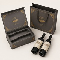 Scatola Rigida Orizzontale Personalizzata per Due Bottiglie di Vino, Grigio Caldo con Cornice Dorata e Finestra per Etichetta