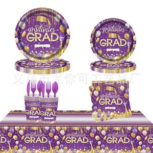 Graduation Party Tableware Set Purple Gold Theme Plates Napkins <b>Tablecloth</b> 40-60 Pcs Disposable Graduation Decorations - Product Image 1