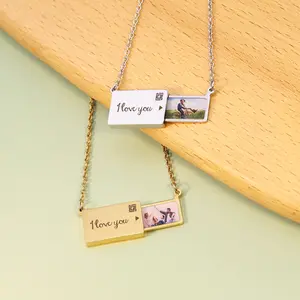 Gepersonaliseerde Custom Rvs Vrouwelijke 18K Gouden Vierkante Holle Envelop Foto Ketting