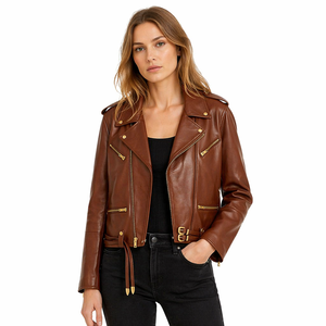 Giacca <span class=keywords><strong>in</strong></span> Vera <span class=keywords><strong>Pelle</strong></span> di Agnello per <span class=keywords><strong>Donna</strong></span>, Stile Moto Rock <span class=keywords><strong>Biker</strong></span> con Cerniera e Cintura, Personalizzabile dal Fornitore - Product Image 2