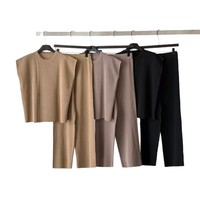 Ensemble tricoté d'été pour femme – Haut sans manches à col rond et pantalon taille haute à jambes larges – Style minimaliste uni en polyester – Longueur complète 30-50