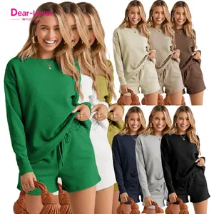 Dear-Lover Outdoor Vintage texturizado manga larga Top cordón pantalones cortos conjunto de dos piezas ropa de moda