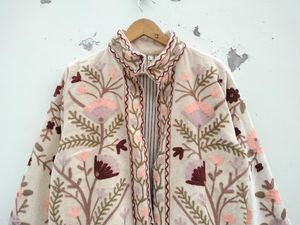 Floral Embroidered Mandarin Collar Jacket <b>Women</b> Full Sleeve Prairie Chic <b>Spring</b> Outerwear Handmade Woven Cotton <b>Coat</b> - Product Image 2