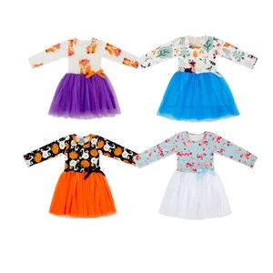 Fancy Kinderen Kleding Bloem Gedrukt Lange Mouwen Roze Tultu Rok Model Ontwerp Fall Winter Vintage Baby Meisje Tule Jurk