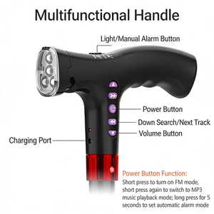 Bastón Plegable Negro con Bluetooth Inteligente, Luz LED, Alarma, Radio FM, Base Estable, Ligero y Ajustable - Product Image 2