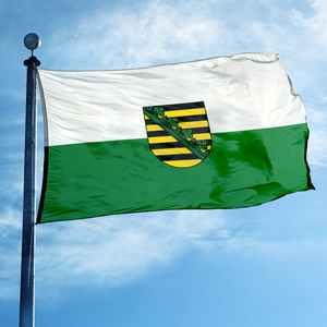 Drapeau de la <span class=keywords><strong>Saxe</strong></span> <span class=keywords><strong>Allemagne</strong></span>, blanc et vert, avec armoiries, bannière en polyester double face pour affichage intérieur et extérieur - Product Image 1