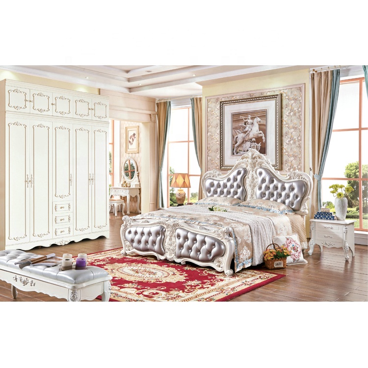 Роскошная резная французская королевская кожаная кровать белого цвета в европейском стиле