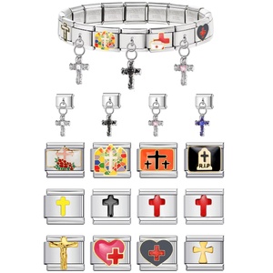 Breloques italiennes en acier inoxydable en forme de croix et de cœur, thème infirmière, avec lien élastique, pour la création de bracelets DIY de 9 mm, vente en gros - Product Image 1