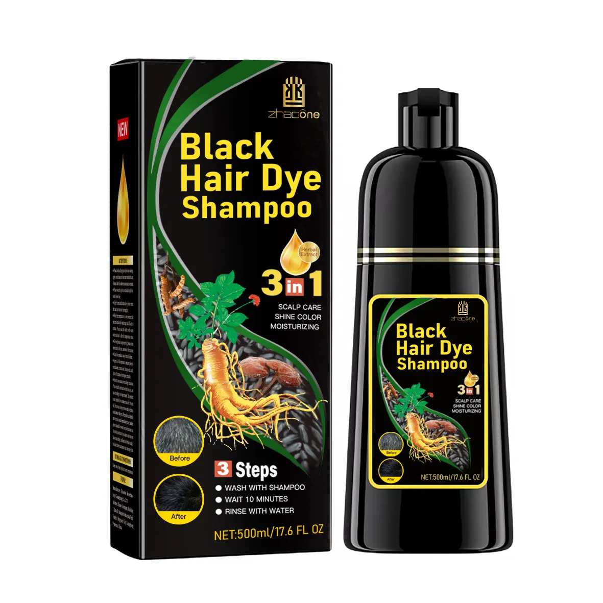 China Wholesale 500ml 3 in 1 Healthy Natural Easy Operation Herbal Ginseng Hair Black Color Dye Shampoo