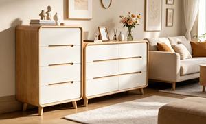 Commode scandinave en chêne massif à 4 tiroirs, meuble de rangement autoportant pour salon - Product Image 4