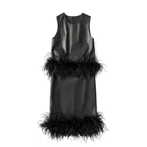 Fashion Women Leather Sets Genuine Sheep Skin Splicing Ostrich Feather Design Round-neck Top And Dress Set