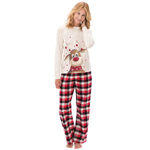 9039 Elk Print Sublimación Navidad Invierno Cálido Pantalones suaves Pijamas Conjunto de algodón en blanco Pijamas de Navidad a juego para la familia - Product Image 2