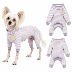 Mono de cuatro patas para perro con cuello alto y rayas morado claro, ropa para mascotas OEM, body de punto acanalado suave y elástico - Product Image 1
