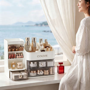 Cosmetic Storage <b>Box</b> With Drawers Creamy White Acrylic <b>Makeup</b> Organizer Tabletop Skincare Compartment Shelf - Product Image 3