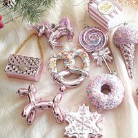 Ensemble d'ornements de Noël roses, décorations fantaisie pour fêtes de fin d'année, décorations suspendues en forme de sucette, beignet et chien ballon scintillants pour Noël