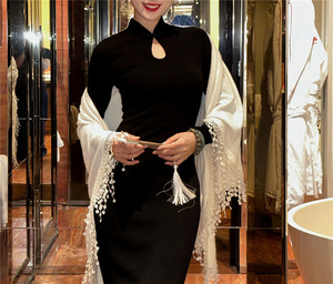 Abito in maglia a mezzo collo alto stile retrò francese da donna autunno inverno maniche svasate lunghe spacco <span class=keywords><strong>al</strong></span> <span class=keywords><strong>ginocchio</strong></span> Cheongsam bottoni indietro - Product Image 5