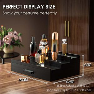 Estante de madera de tres niveles para perfumes con cajón, organizador de cosméticos para hombres, estante de almacenamiento para baño. - Product Image 4