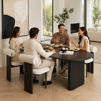 Table à manger ovale scandinave Japandi stable en chêne massif avec base sur piétement, chaises en bouclette, style Wabi Sabi, ensemble de salle à manger 6 pièces