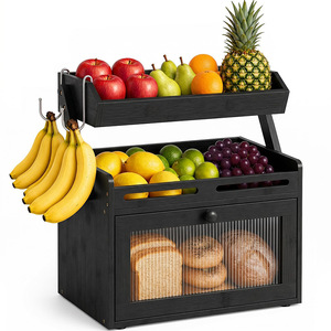 Panier à fruits double couche en bambou avec crochets, boîte de rangement pour pain, organisateur de comptoir de cuisine, compartiment couvert - Product Image 1