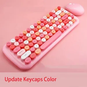 צבעים בוהקים עגול Keycap מקלדת ועכבר מסרק 2.4g סט מקלדת אלחוטי עבור מחשב נייד נייד בנות מתנה