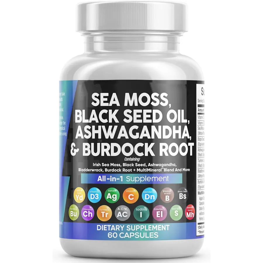 All in 1 Supplement Complex Capsules Sea Moss Black Seed Oil Ashwagandha & Burdock Root