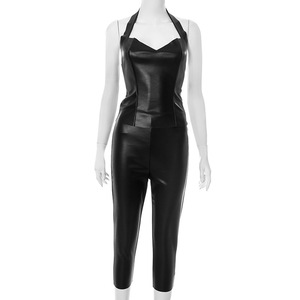 Women's <b>Sexy</b> Solid-Color PU Leather Halter-Neck Backless Top & Skinny 7/8 Length Pants 2-Piece <b>Set</b> Fashion - Product Image 5