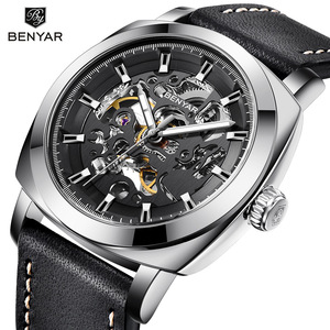 Benyar <b>Skeleton</b> Mechanical <b>Watch</b> 15mm <b>Automatic</b> Men's Waterproof Leather Strap <b>Watch</b> - Product Image 1