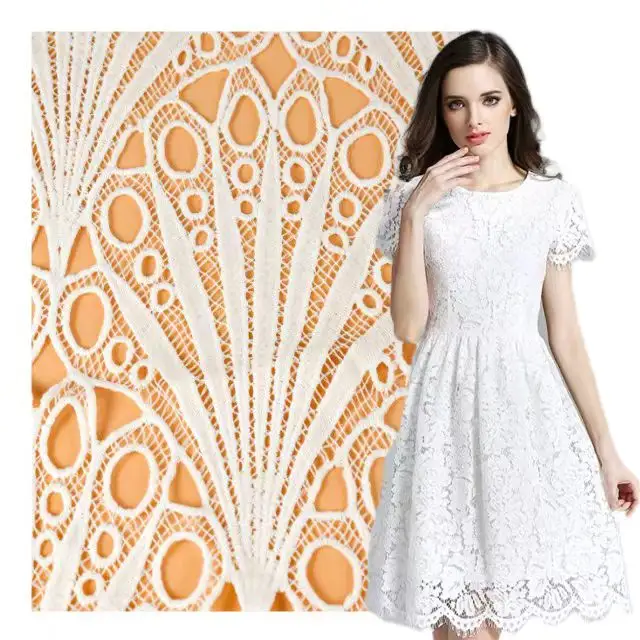 Yüksek kaliteli beyaz gipür kord dantel kumaş elbise kadınlar için % 100 Polyester dantel nakış kumaş