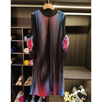 Nouvelle Robe Décontractée Plissée en Polyester Antistatique, Faite Main avec Fleurs Dégradées, Col Rond, Manches Longues, Collection Printemps