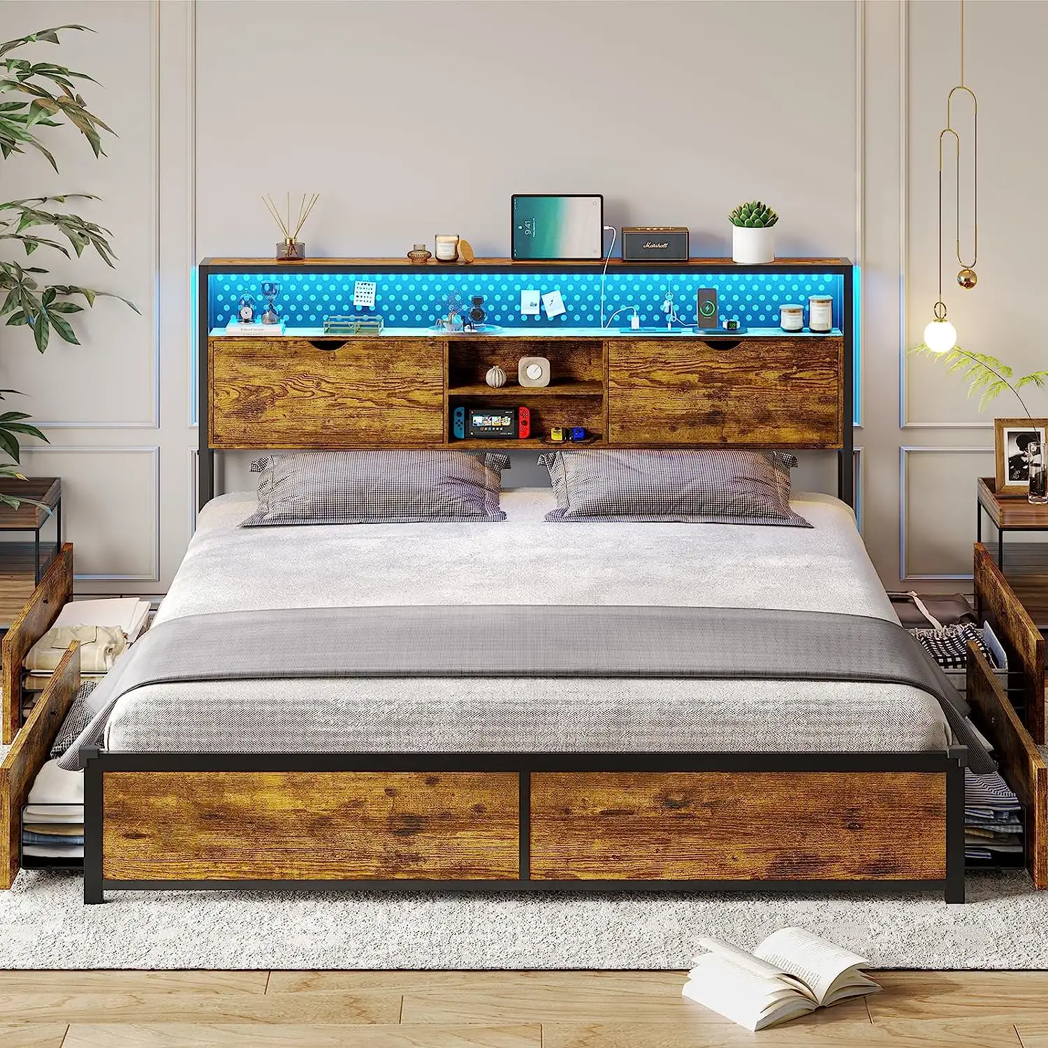 Queen LED Bed Frame with Storage Headboard, Queen Size Platform Bed with Charging Station, Metal Bed Frame with 4 Drawers,