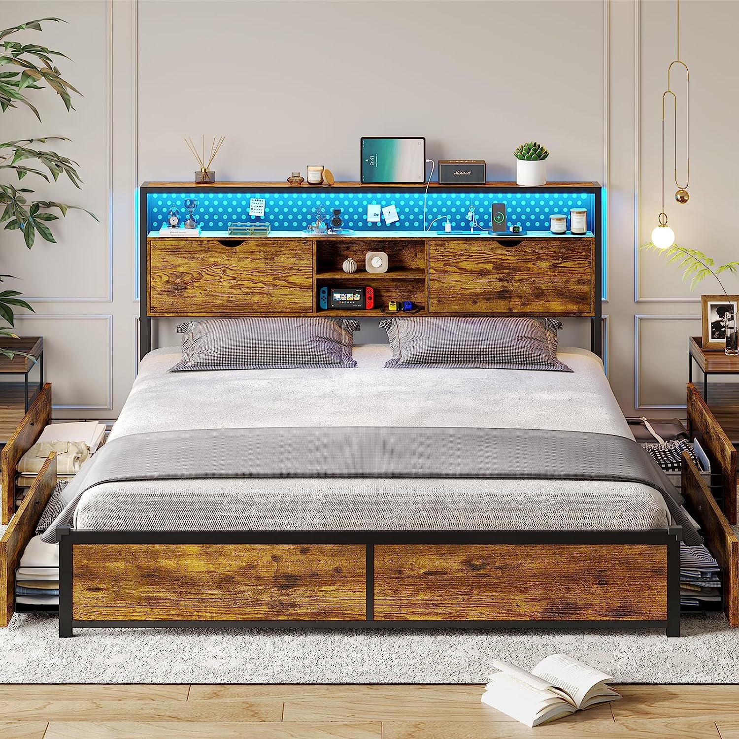 Struttura Letto Matrimoniale In Metallo Con Luci LED E Testiera Imbottita – Design Vittoriano, Nero, Doghe Incluse - 6