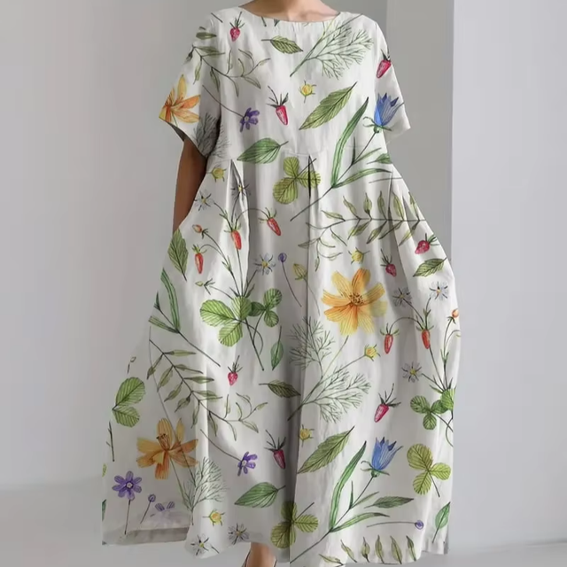 Premium Women's New Fashion Floral Strawberry Print Midi Dress Breathable Short Sleeve Round Neck Casual Summer Vacation Dress
