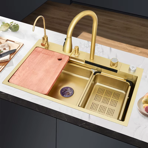 Évier de cuisine en acier inoxydable doré avec robinet extractible, petit bac, machine à laver les tasses et kit de vidange, bar station de travail à revêtement nano - Product Image 1