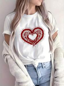 T-Shirt per San Valentino da Donna, Manica Corta, Collo Tondo, Stampa Cuore e Animali, Stile Casual Invernale, 100% Cotone Jersey - Product Image 3