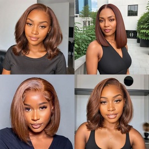 Perruque BOB Courte et Droite en Cheveux Humains, Style Européen et Américain, Marron, Naturelle et Réaliste, avec Raie au Milieu et Dentelle Frontale - Product Image 2