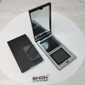 Luxury Matte Black Rectangle Portable ABS Plastic Custom <b>Empty</b> Pressed Powder Packaging Case with Puff for Cosmetic - Product Image 5