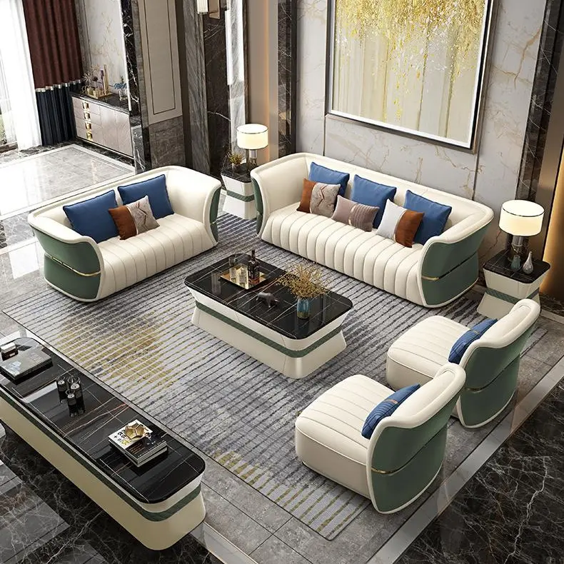 סט ספת עור בסלון יוקרה בסגנון אירופאי מודרני עם שולחן קפה ריהוט מעמד לטלוויזיה