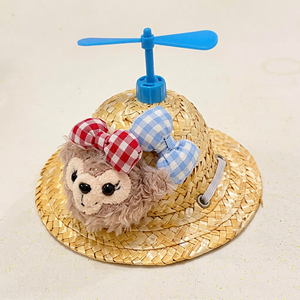 Chapeau de soleil pour animaux de compagnie en forme de canard de dessin animé avec paille décorative et pompons jaunes, protection UV estivale pour chiens et chats - Product Image 1