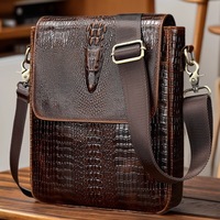 Sac bandoulière homme en cuir véritable, style vintage grain crocodile, décontracté et élégant, en cuir de vachette première couche, pour sports de plein air, avec intérieur polyester