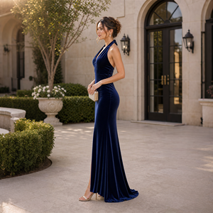 Abito da sera lungo a sirena in velluto blu intenso con scollo all'americana, schiena in pizzo, vestibilità slim, spacco, per cerimonie, matrimoni, feste e balli di fine anno - Product Image 4